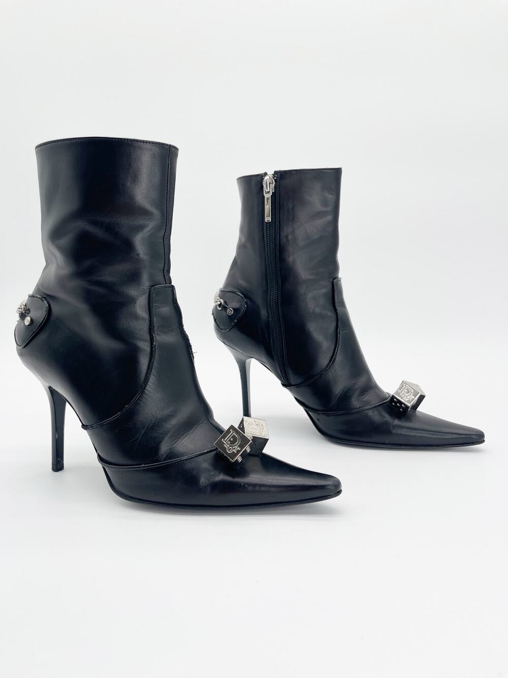 Dior Vintage Galliano Era Black Gambler Dice Pointed Toe Ankle Boots EU 37.5